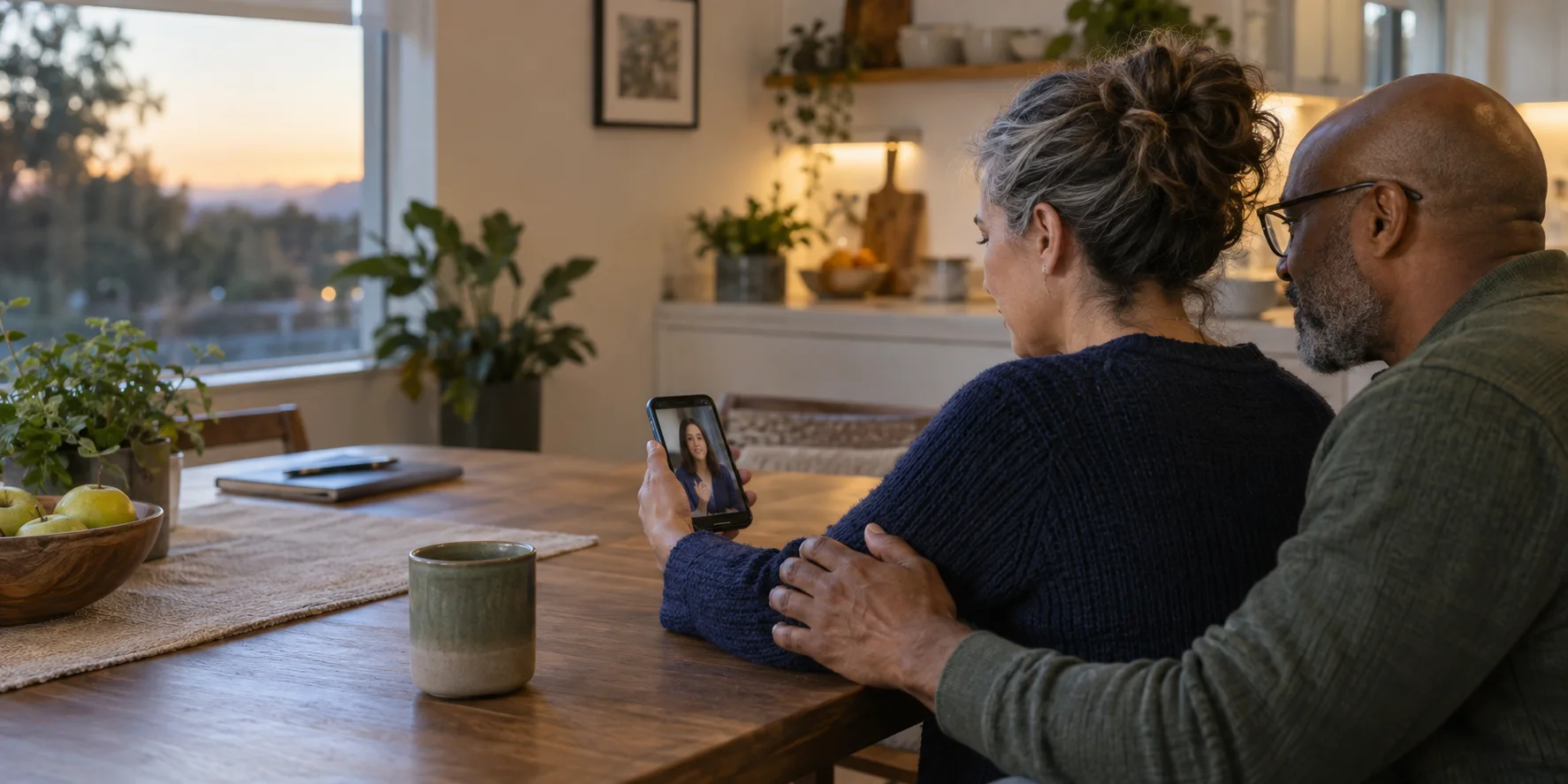 A person at home watches a brief video while a loved one offers support.