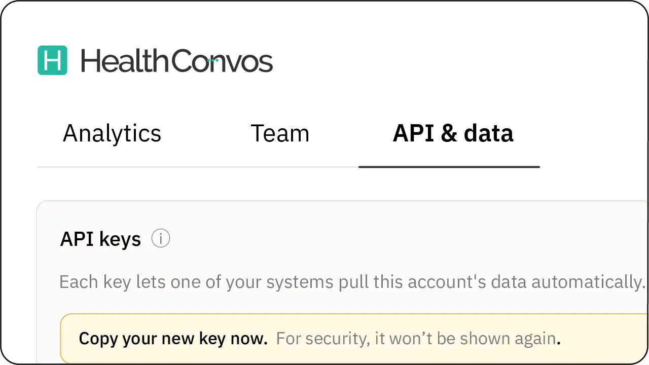 HealthConvos API keys panel showing how a partner system can pull account data automatically.