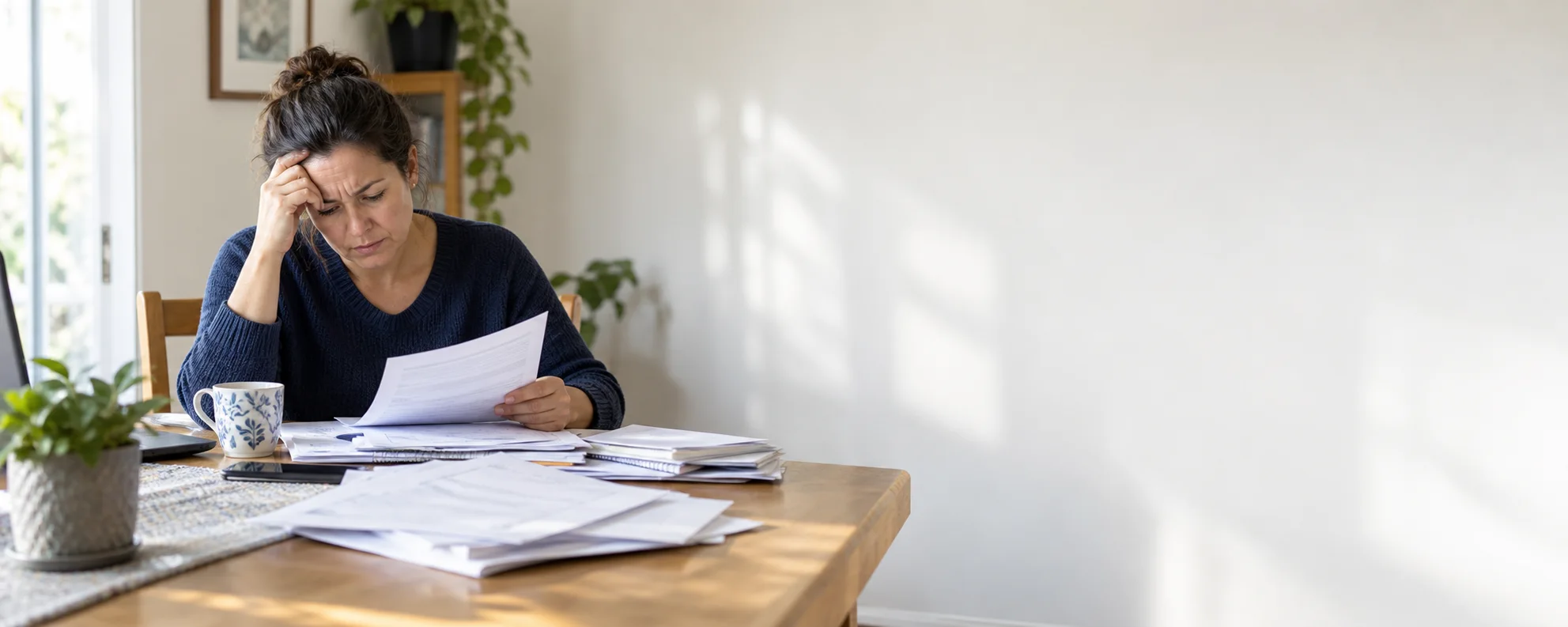 A frustrated insurance claimant sorting through a heavy stack of claim paperwork