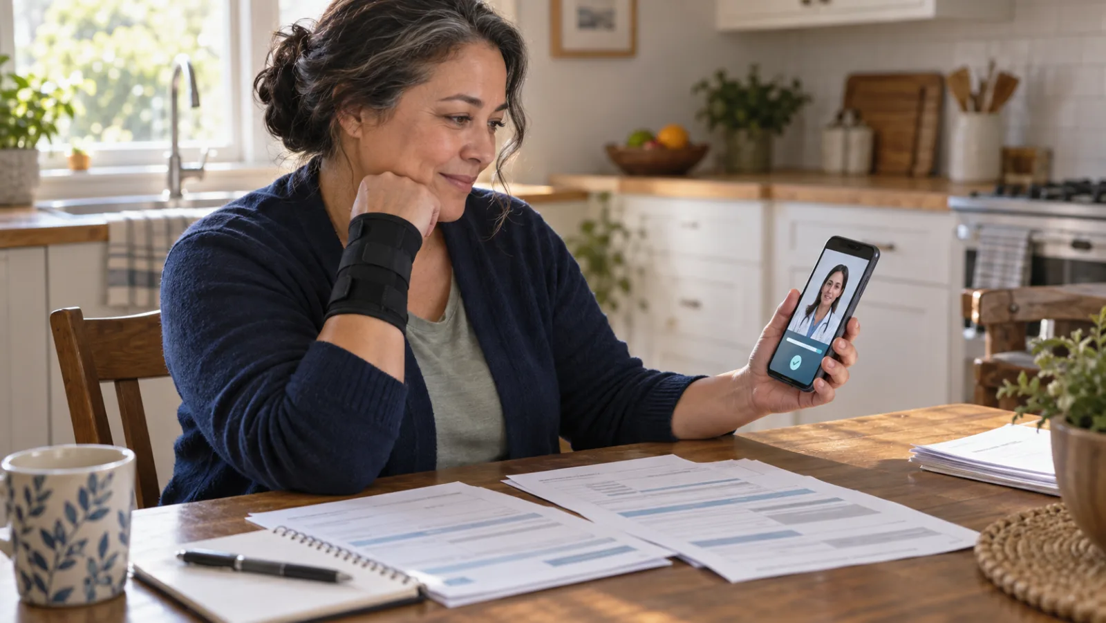 A claimant with a wrist brace reviewing claim paperwork while watching an approved video response on her phone